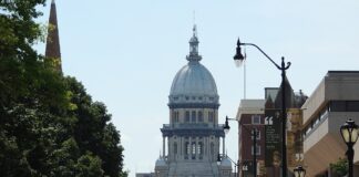 Illinois State Capitol building in Springfield viewed from a city street