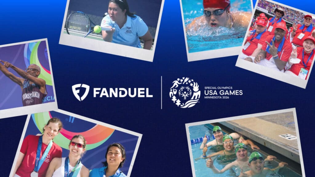 Special Olympics athletes compete and celebrate across multiple sports alongside FanDuel and 2026 USA Games branding.