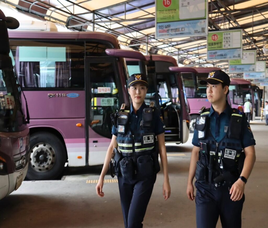 Seoul Metropolitan Police Agency officers on patrol in the South Korean capital.
