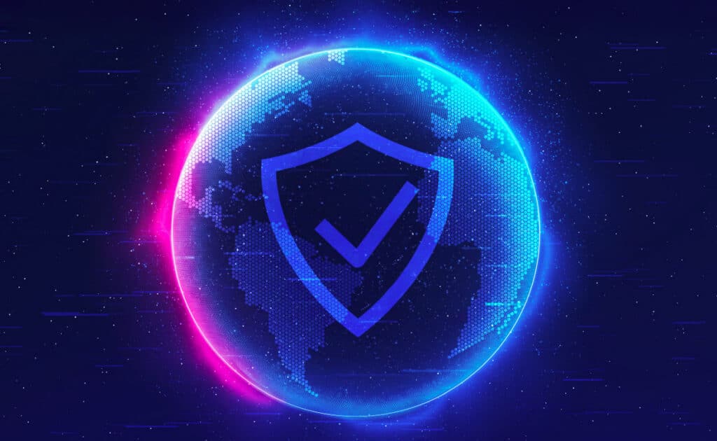 Abstract globe with a shield symbol representing global sports integrity and monitoring.