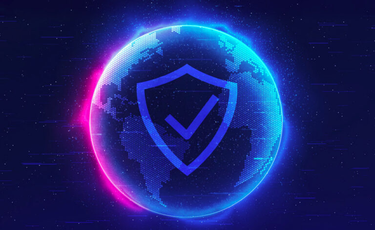 Abstract globe with a shield symbol representing global sports integrity and monitoring.