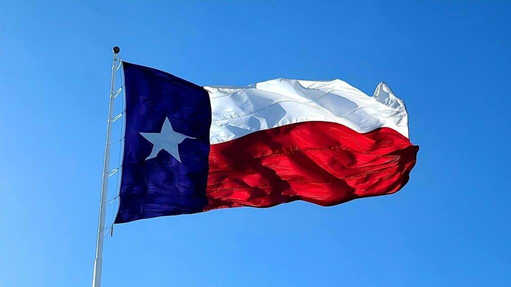 The flag of Texas waving on a flagpole.