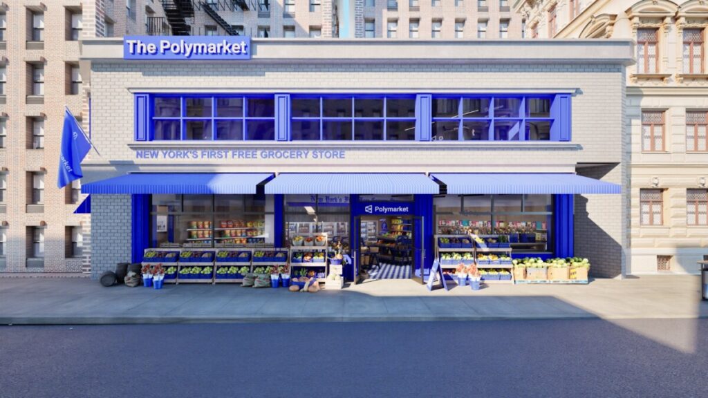 Exterior view of The Polymarket free grocery pop-up in New York City.