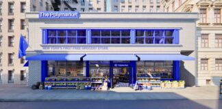 Exterior view of The Polymarket free grocery pop-up in New York City.