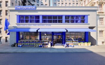 Exterior view of The Polymarket free grocery pop-up in New York City.