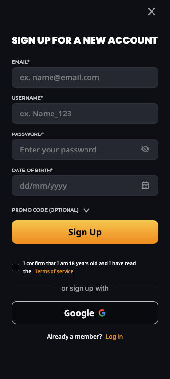 Instant Casino signup screen
