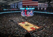Wide view of an NBA basketball game inside Toronto’s Scotiabank Arena during a regular season matchup