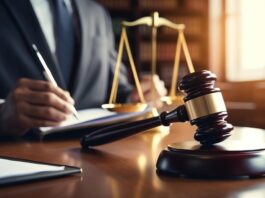 Judge’s gavel resting on a desk with scales of justice in the background