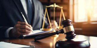 Judge’s gavel resting on a desk with scales of justice in the background