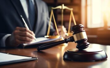 Judge’s gavel resting on a desk with scales of justice in the background