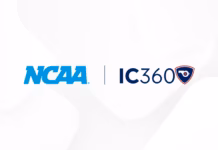 NCAA and IC360 logos displayed side by side announcing a partnership to monitor betting integrity in college sports.
