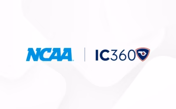 NCAA and IC360 logos displayed side by side announcing a partnership to monitor betting integrity in college sports.