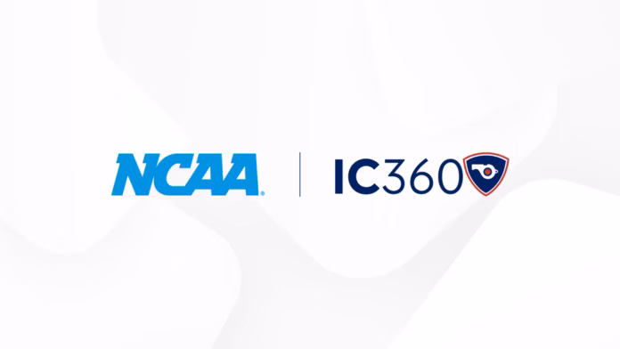 NCAA and IC360 logos displayed side by side announcing a partnership to monitor betting integrity in college sports.