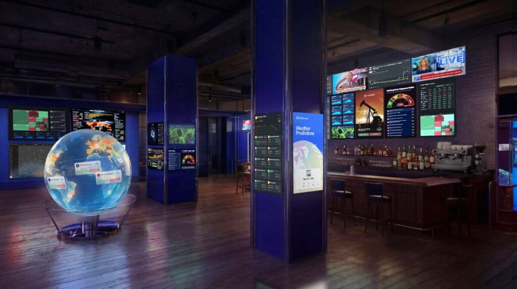 Rendering of The Situation Room by Polymarket pop-up bar featuring screens with live data, news feeds, and market dashboards