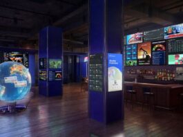 Rendering of The Situation Room by Polymarket pop-up bar featuring screens with live data, news feeds, and market dashboards