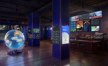 Rendering of The Situation Room by Polymarket pop-up bar featuring screens with live data, news feeds, and market dashboards