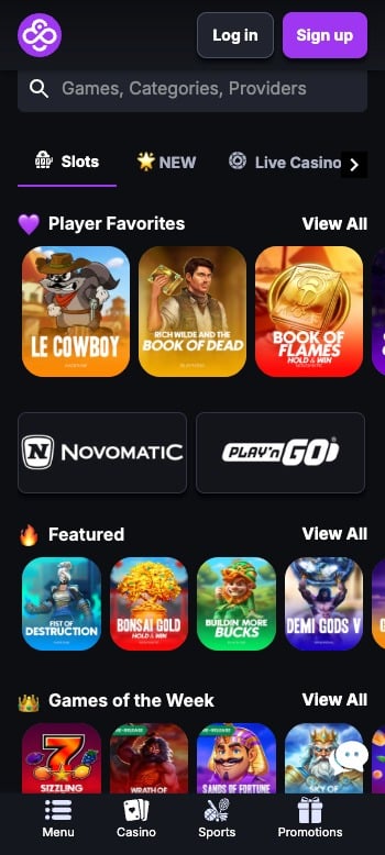 Screenshot der NV Casino Spieloberfläche mit einer Auswahl an Slot-Spielen