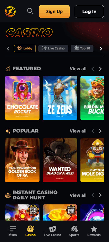 Instant Casino games screen