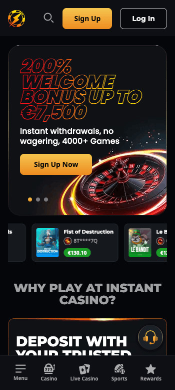 Instant Casino homepage