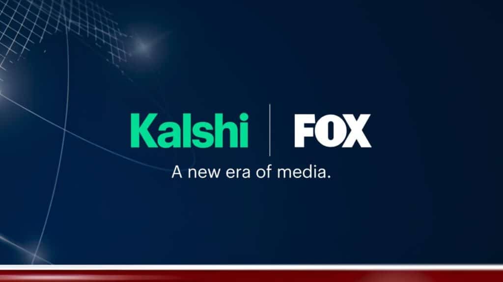 Kalshi and FOX logos on a blue background announcing a media partnership