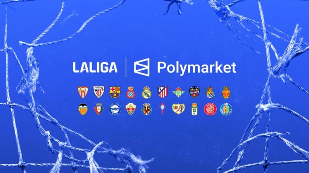 LaLiga and Polymarket logos on a blue background with soccer net graphics and LaLiga club crests