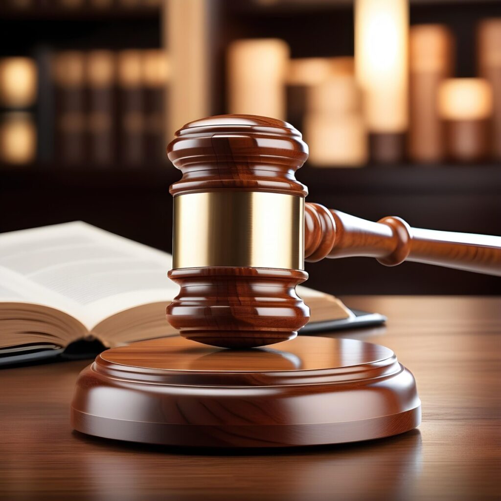 Wooden judge’s gavel resting on a sound block beside an open law book