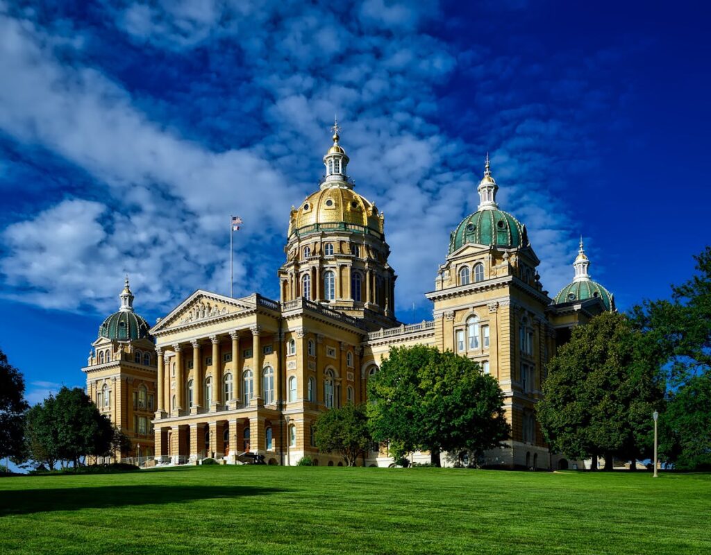 An exterior view of the Iowa State Capitol.