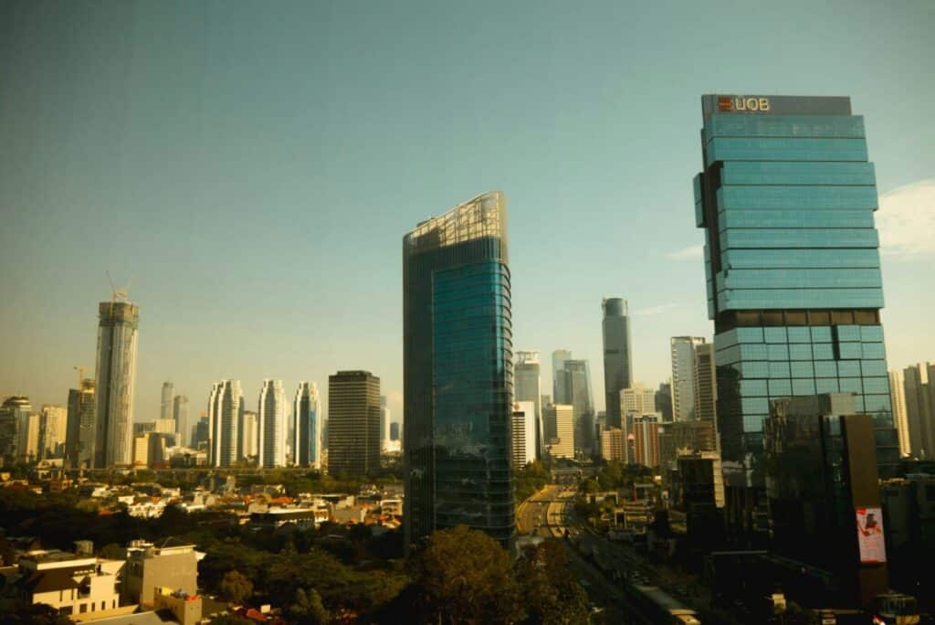 High-rise office buildings dominate many central Jakarta skylines.