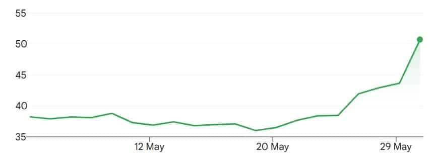 MGM Resorts International share prices on the New York Stock Exchange over the past month.