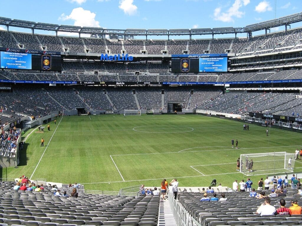 The field of MetLife Stadium in East Rutherford, New Jersey, with a soccer game layout.