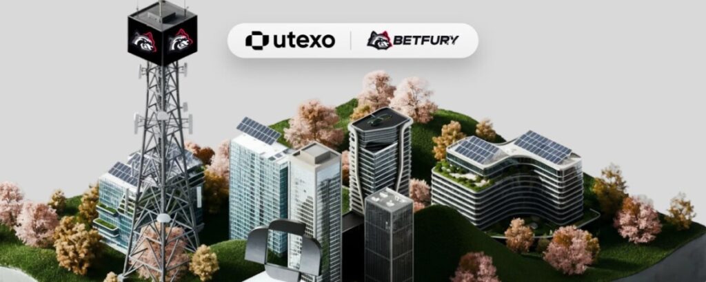 Utexo and BetFury logos above an illustrated cityscape and transmission tower.